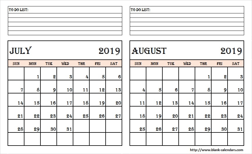 July And August 2019 Calendar With Notes Print Blank Calendar Template