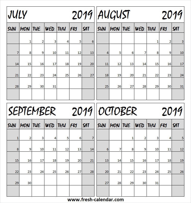 July August September And October 2019 Calendar To Print 2019 India