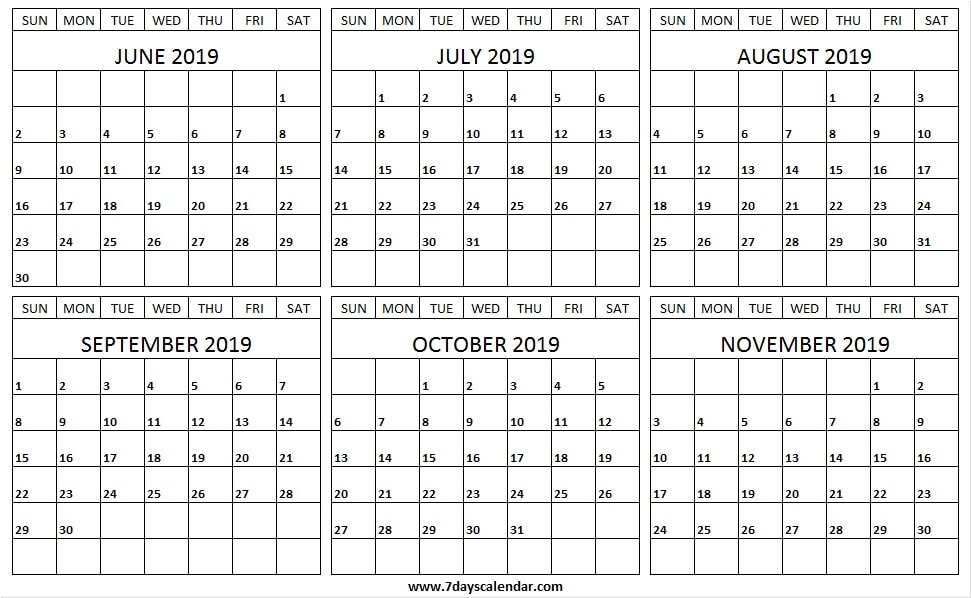 Jun Nov 2019 Calendar Template Six Months Calendar 2019