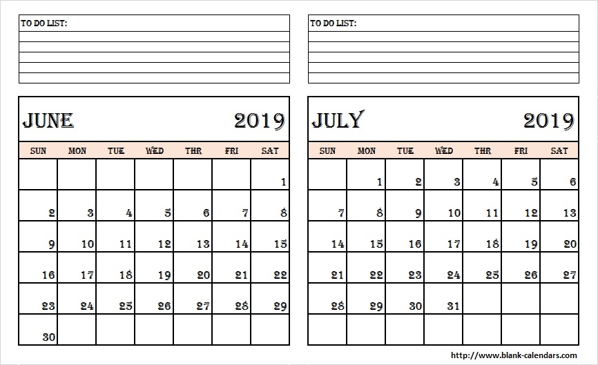 June And July 2019 Calendar With Notes Print Blank Calendar Template