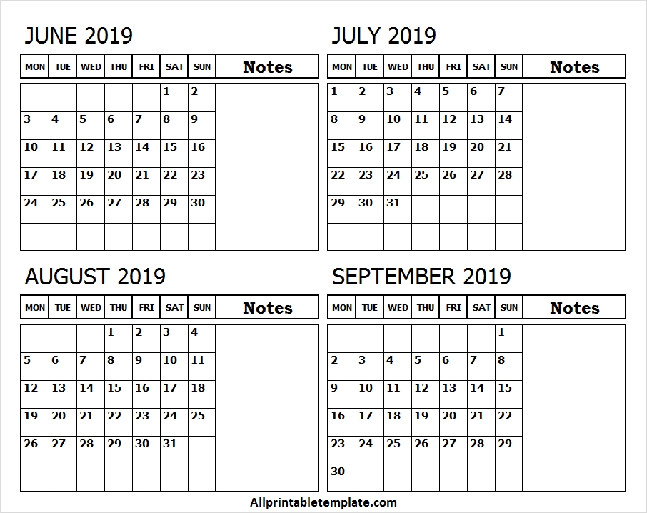 June September 2019 Calendar Template Four Month Calendar 2019