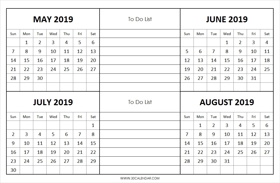 May To August 2019 Calendar 4 Months Printable Template