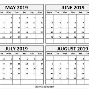 May To August 2019 Month Calendar 2019 May Calendar Word