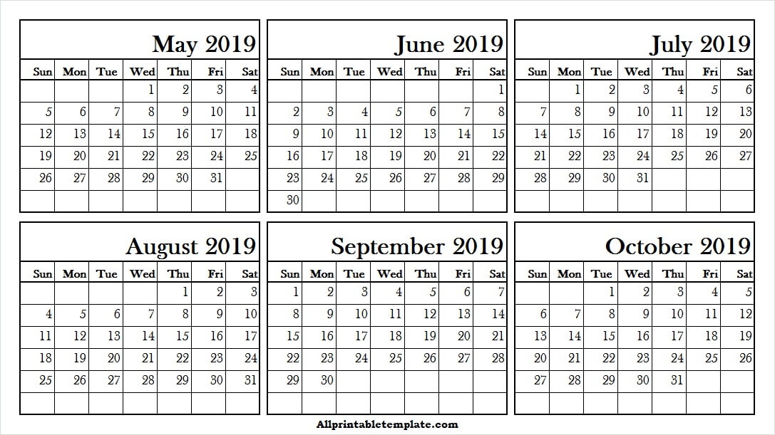 May To October 2019 Printable Calendar Free Six Month Calendar 2019