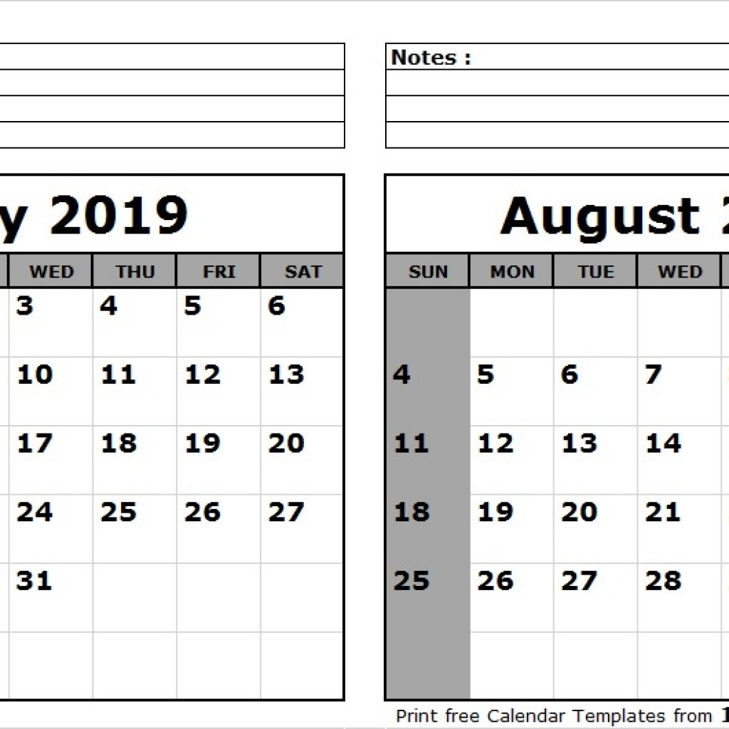 Print July August 2019 Calendar Template 2 Month Calendar