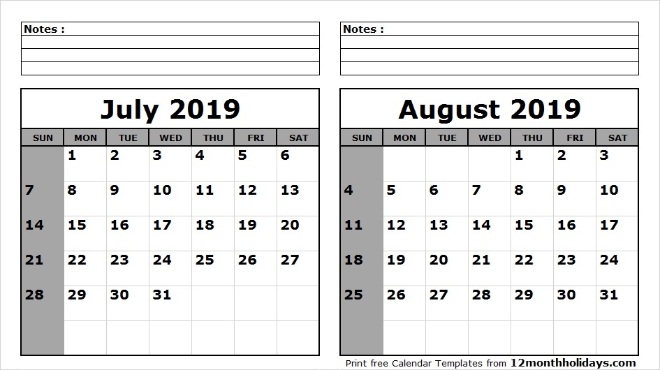 Print July August 2019 Calendar Template 2 Month Calendar