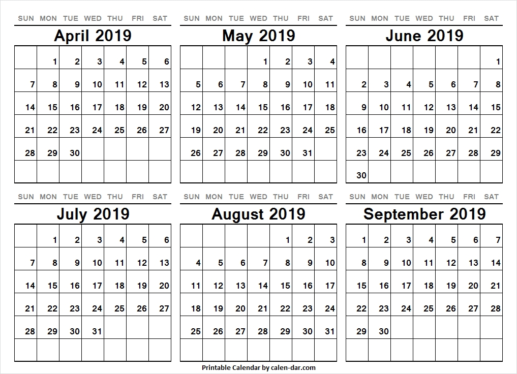 Printable April September 2019 Calendar Printable Six Month Templates