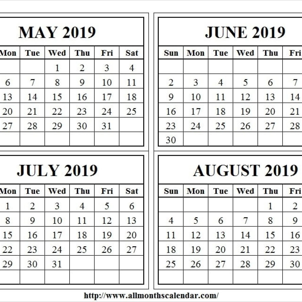 4 Month Calendar May August 2019 Template May 2019 Calendar Events