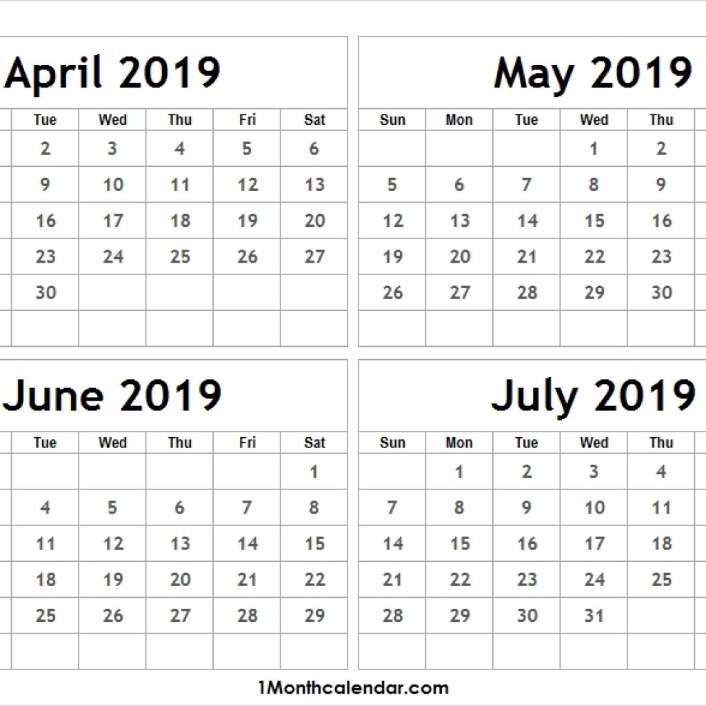 April July 2019 Blank Calendar Apr To Jul 2019 Sunday Start