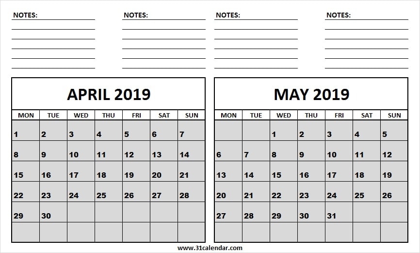 April May 2019 Calendar With Notes Blank Calendar 2019 April May