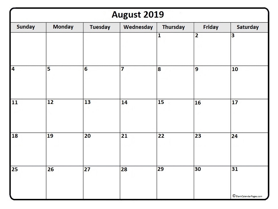 August 2019 Calendar Free Printable Monthly Calendars