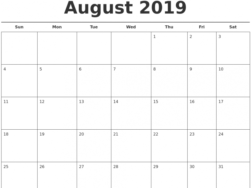 August 2019 Calendar Template In Pdf Format Free Printable