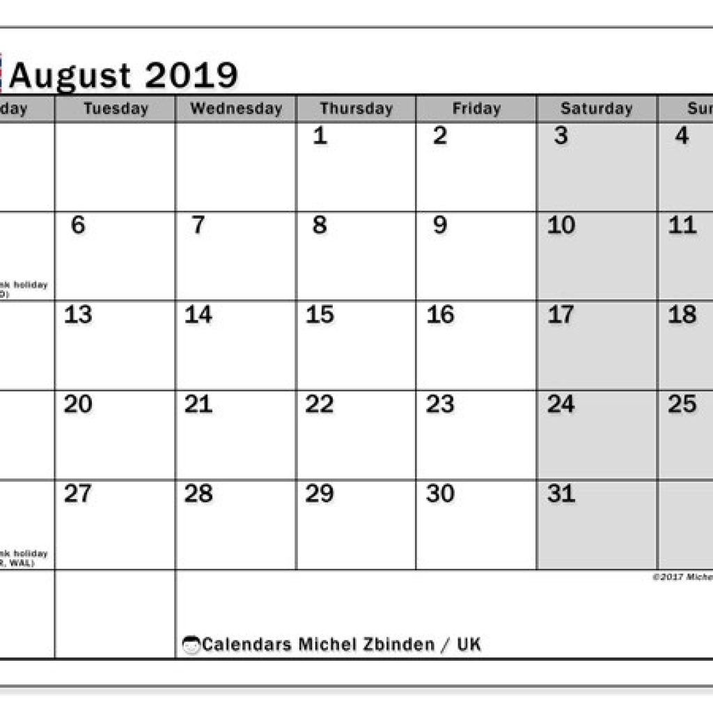 August 2019 Calendar With Holidays Printable Usa Uk Canada India Nz