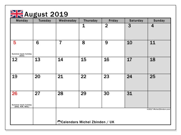 August 2019 Calendar With Holidays Printable Usa Uk Canada India Nz