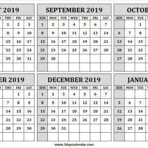 August 2019 January 2020 Half Year Calendar Printable Calendar 2019