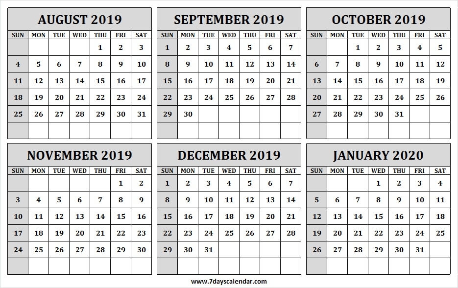 August 2019 January 2020 Half Year Calendar Printable Calendar 2019