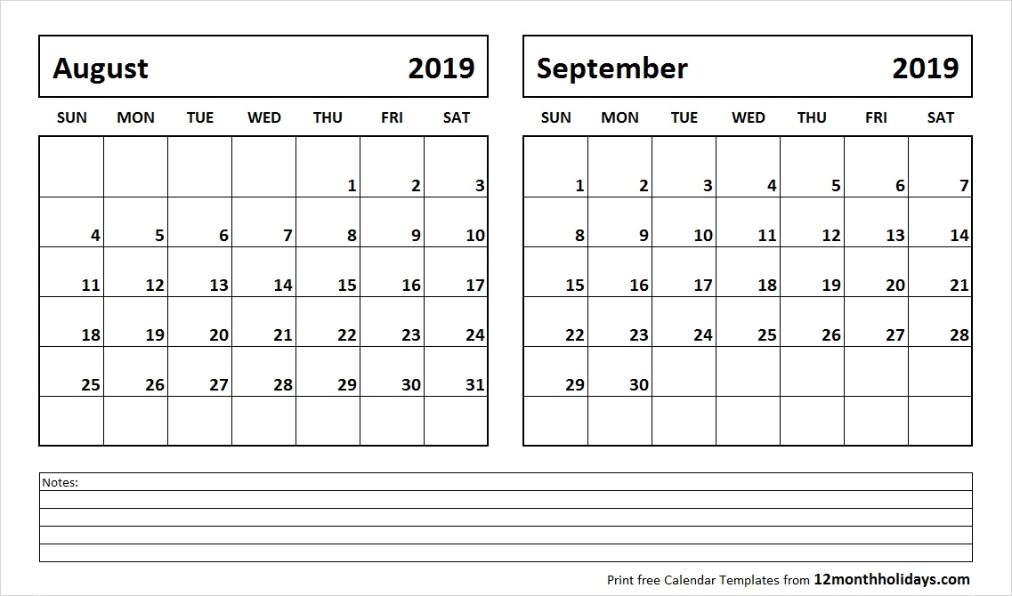 August September 2019 Printable Calendar All 12 Month Calendar