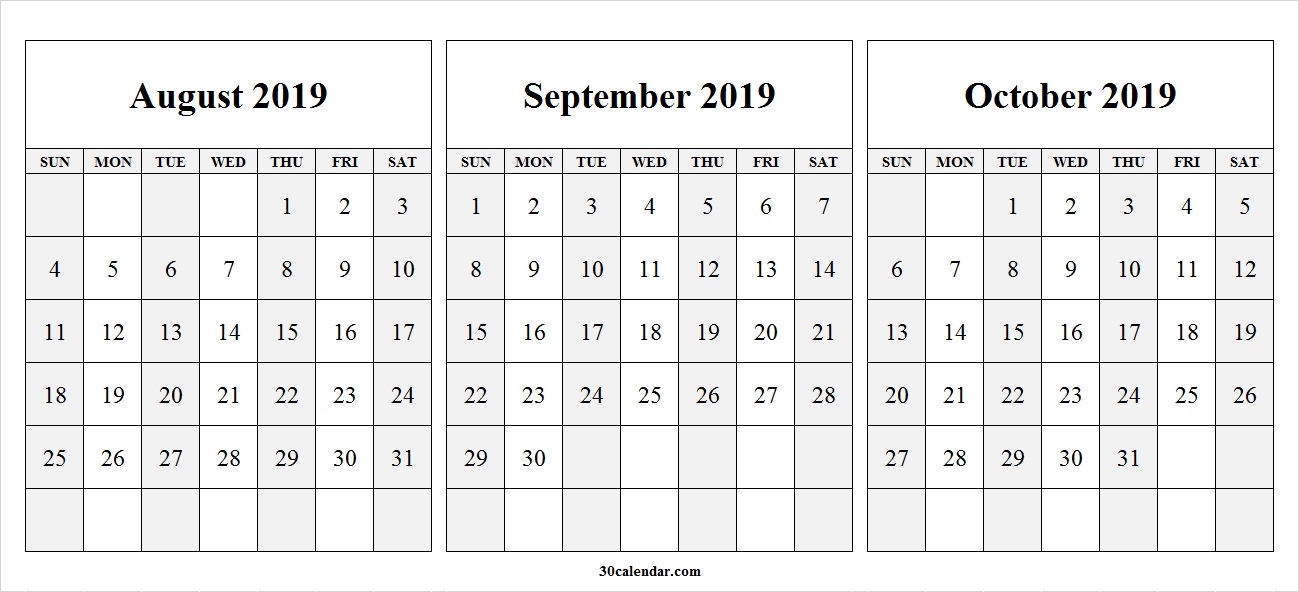 August To October 2019 Calendar 30 Day Calendar