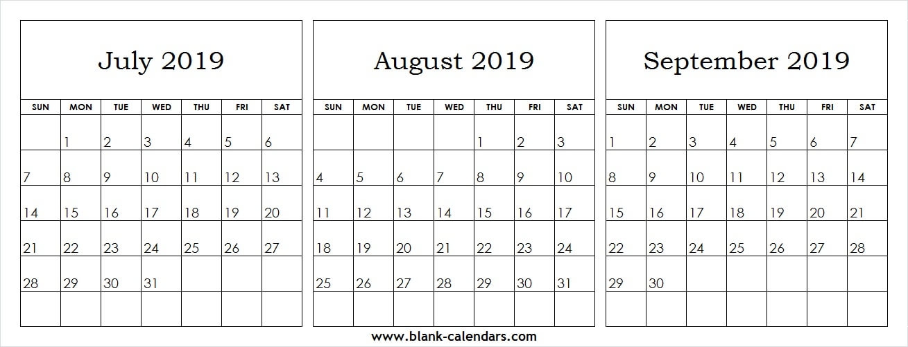 Black And White Calendar 2019 July August September Print Blank