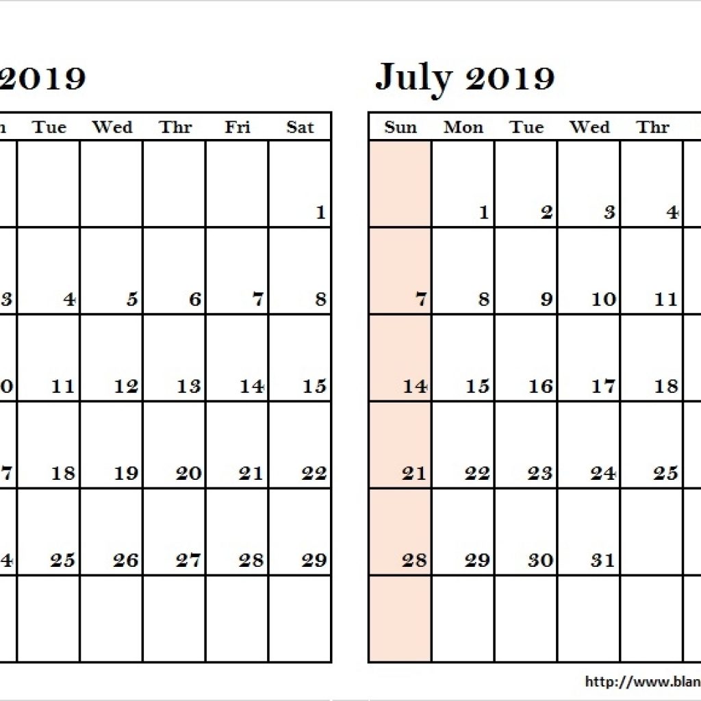 Blank Two Month June July 2019 Calendar Printable Template