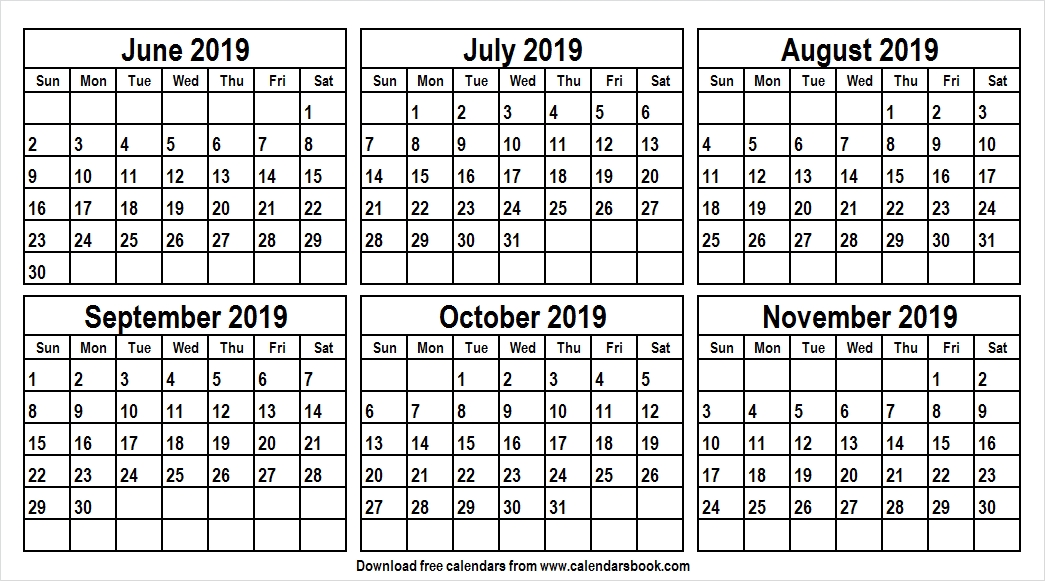 Calendar Jun To Nov 2019 Template Half Yearly Calendar