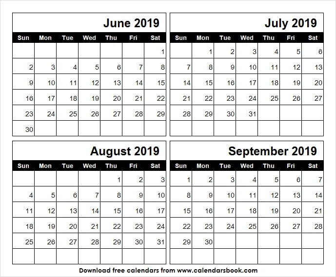 Calendar June July August September 2019 Sunday To Monday 2019 Year