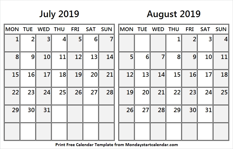 Download White Calendar 2019 July And August Printable Calendar 2019