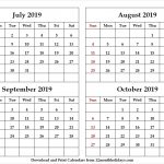 Four Month Calendar July To October 2019 Black And White Calendar