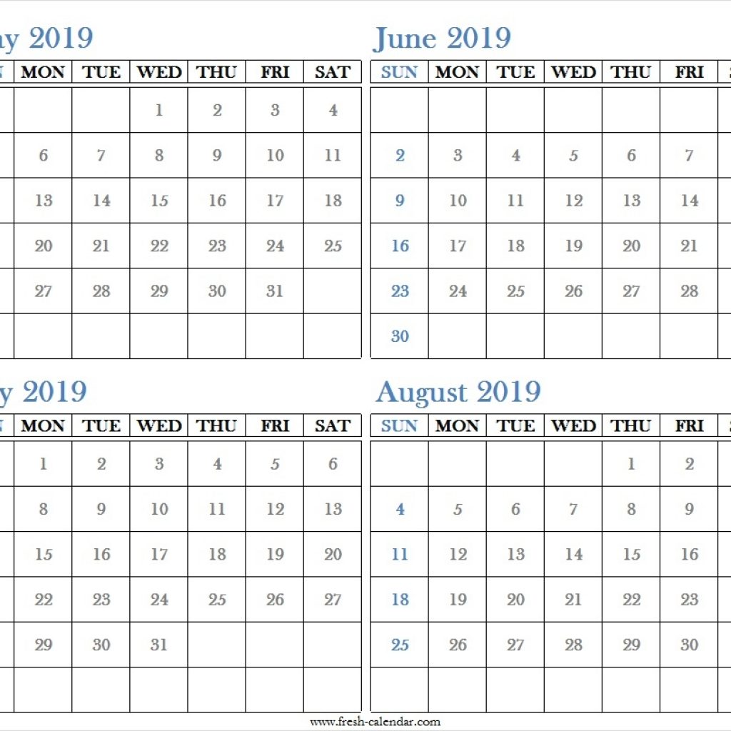 Four Monthly May June July August 2019 Calendar Template Free