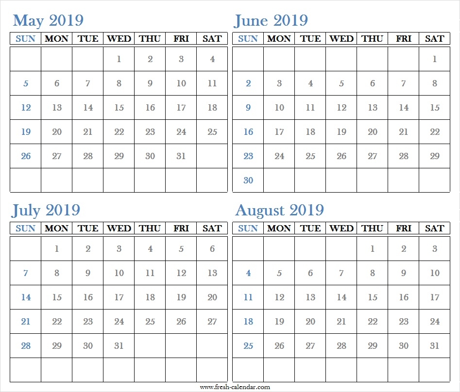 Four Monthly May June July August 2019 Calendar Template Free