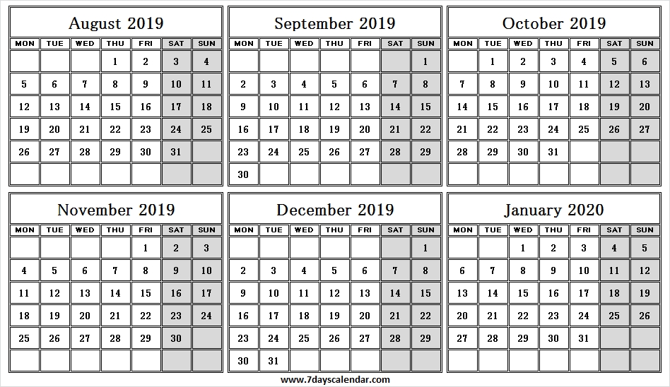 Half Year August 2019 January 2020 Calendar Six Months Calendar