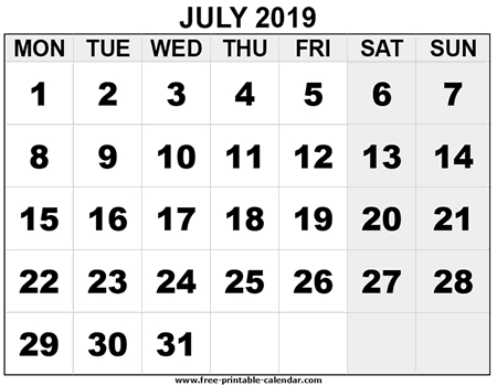 July 2019 Calendar Template Free Printable Calendar