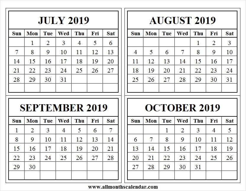 July To October 2019 Calendar Printable Template Pdf Calendar