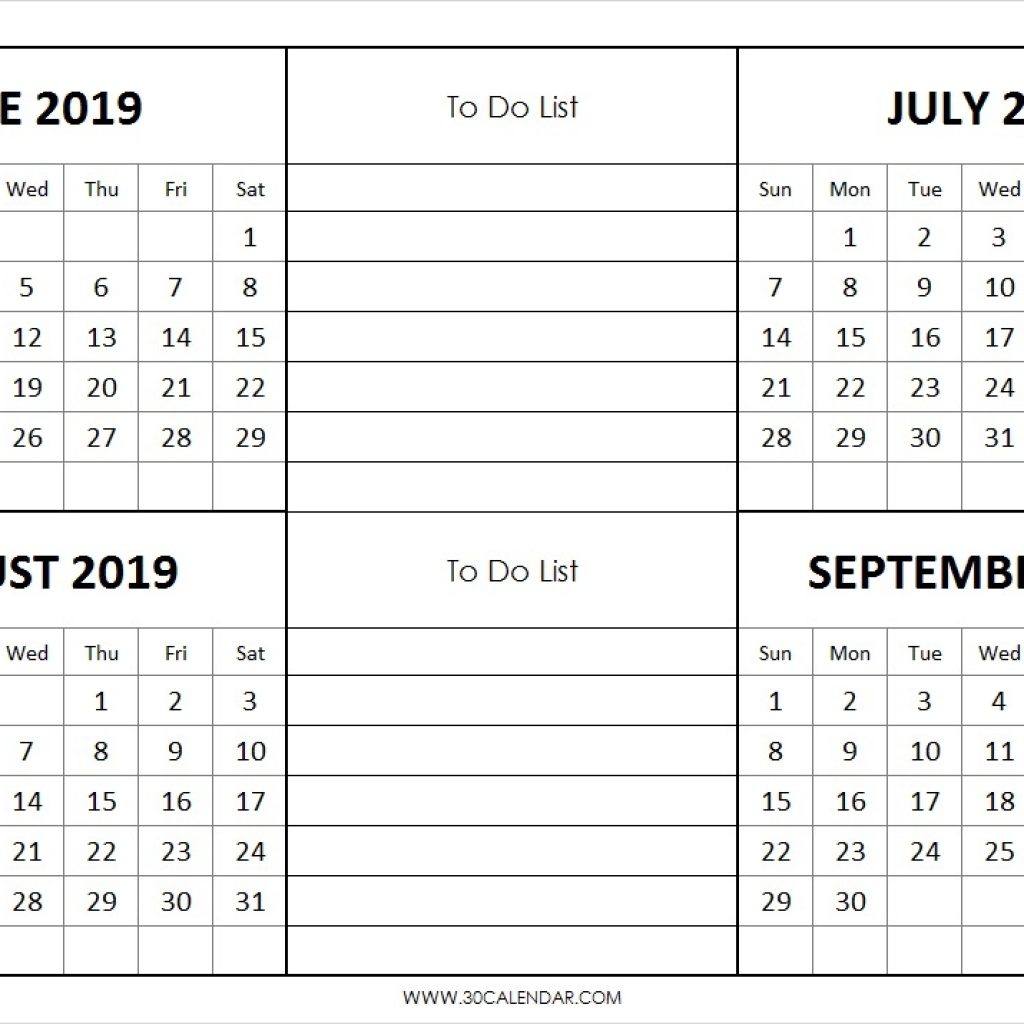 June To September 2019 Calendar 4 Months Printable Template