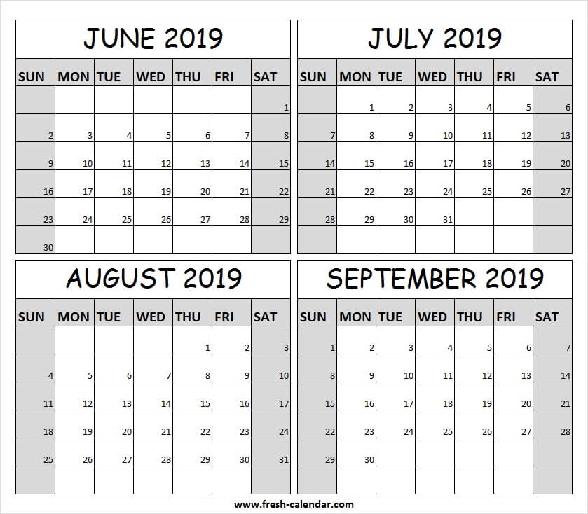 June To September 2019 Calendar Printable Free 2019 Printable