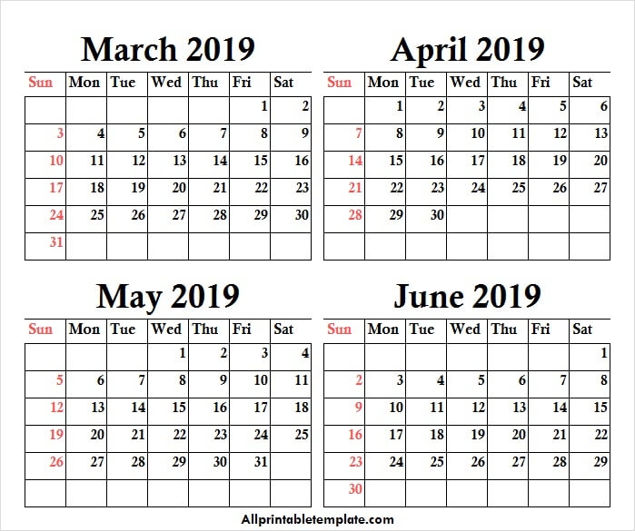 March To June 2019 Calendar Free Template With Notes