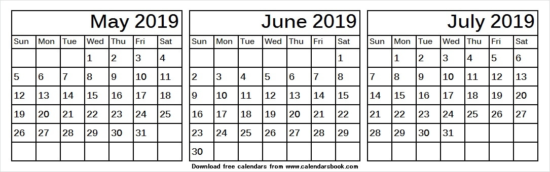 May Jun Jul 2019 Calendar Template Print Free Calendar