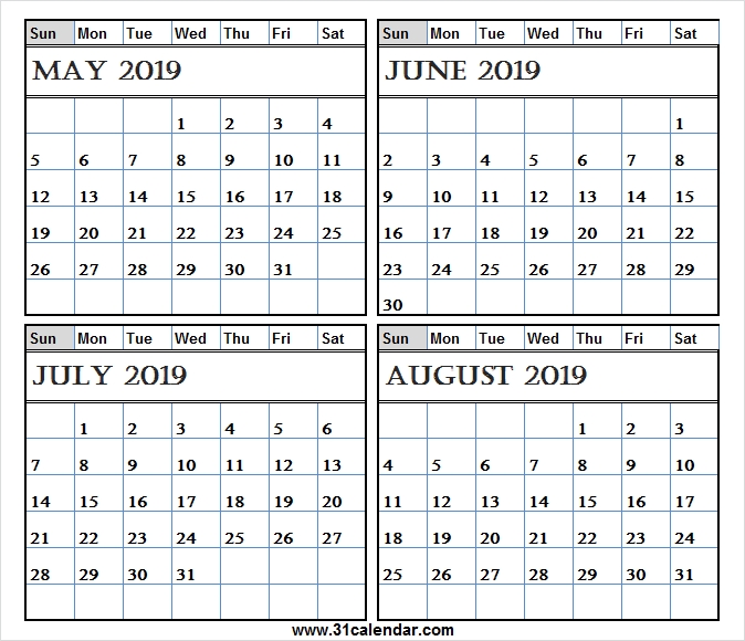 May June July And August 2019 Calendar July Month Calendar 2019