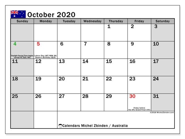 October 2020 Calendar Australia Michel Zbinden En