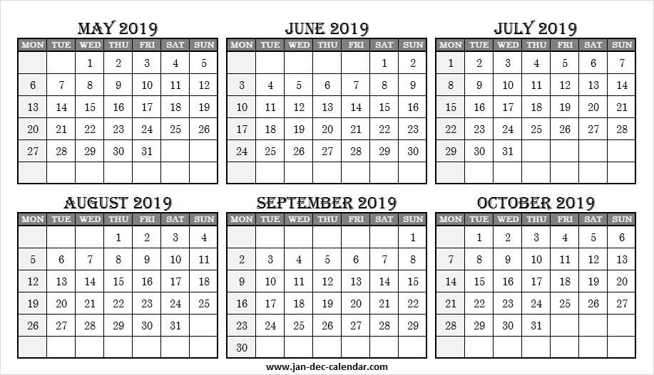 Online Calendar May To October 2019 6 Month Calendar