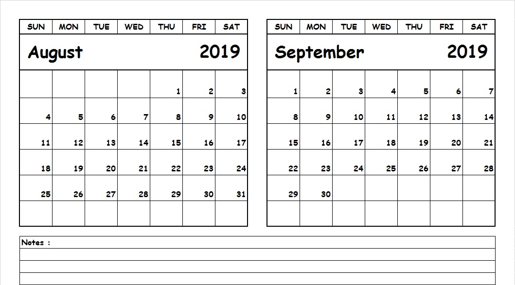 Print August September 2019 Calendar Template 2 Month Calendar