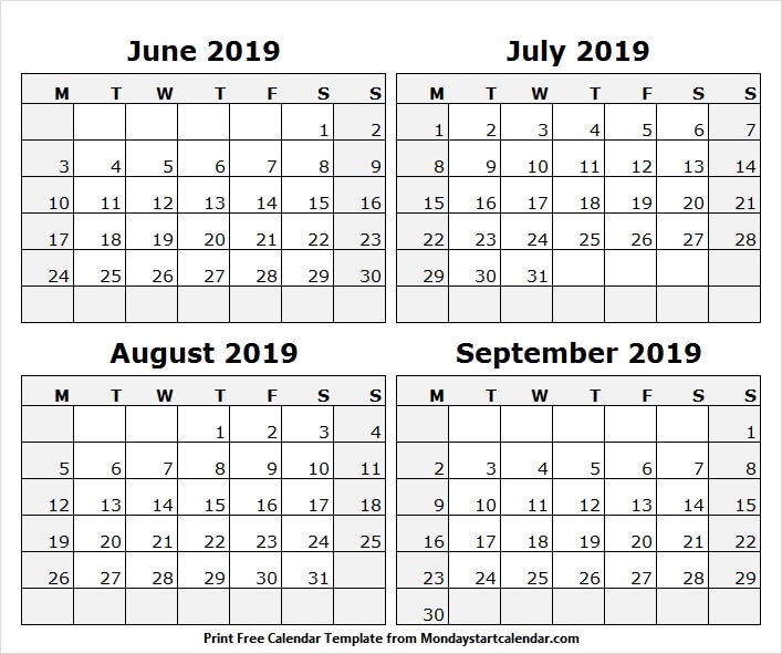 Printable June September 2019 Calendar White Calendar