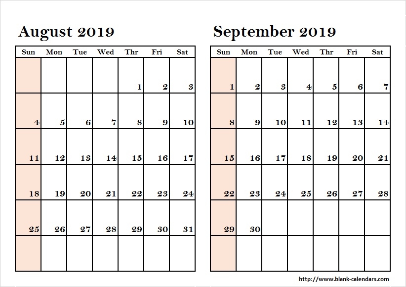 Two Month August September 2019 Calendar Print Blank Calendar Template