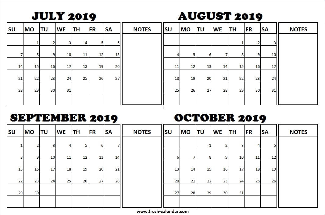 White Calendar 2019 July August September And October 2019 Print