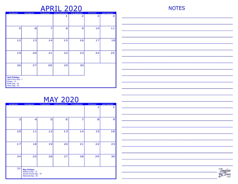 2 Month Calendar 2020