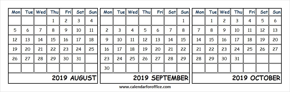 2019 August September And October Calendar Usa Calendar For Office