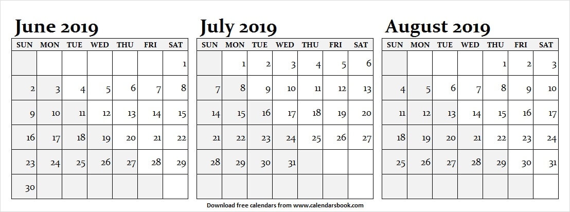 2019 Calendar June July August Editable Template 3 Month Calendar