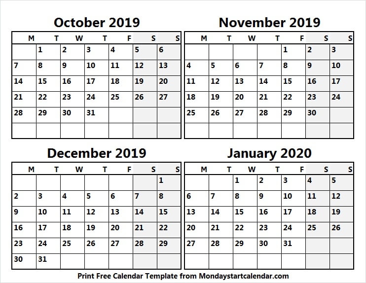 2019 October November December And 2020 January Calendar Online