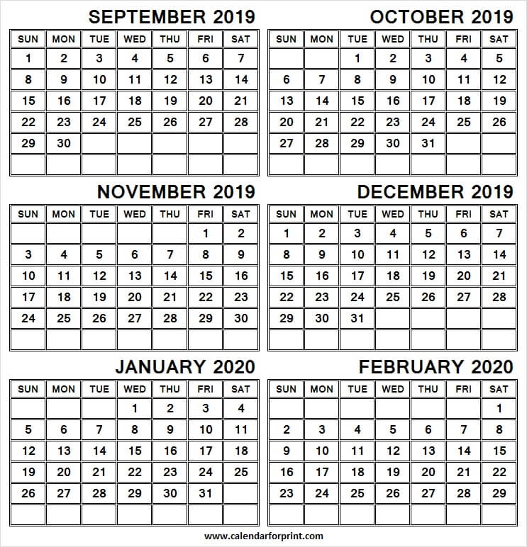 2019 September 2020 February Calendar Six Month Calendar