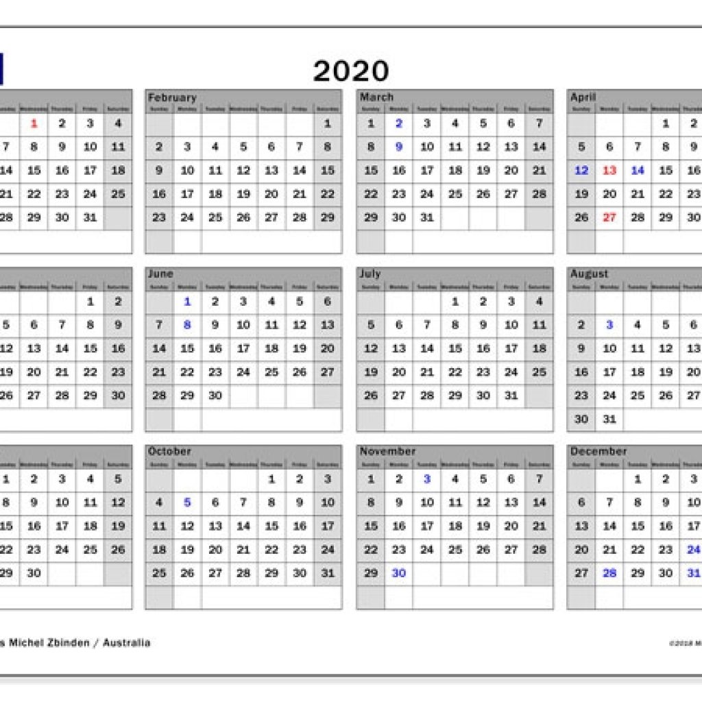 2020 Calendar Australia Michel Zbinden En